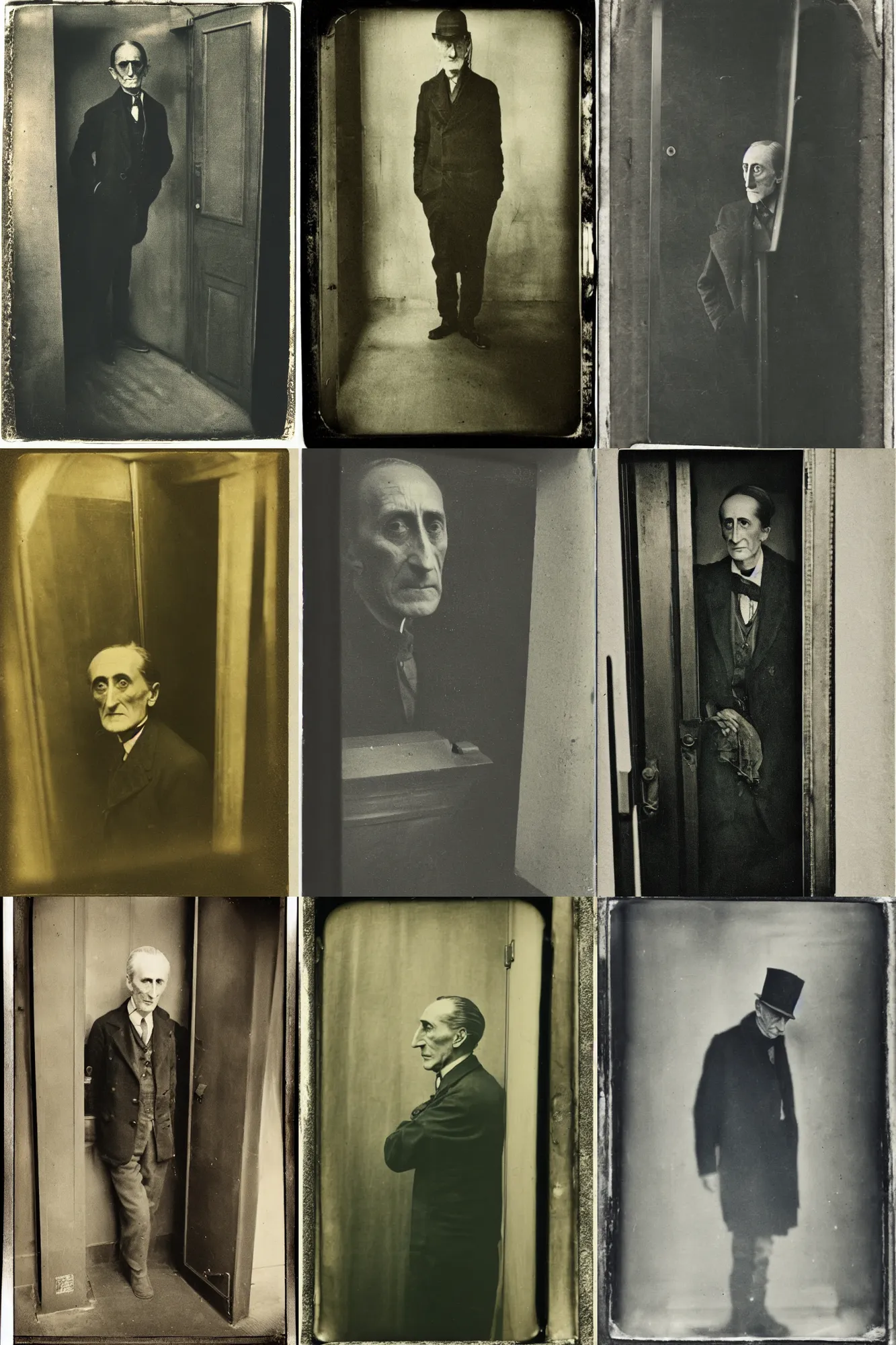 Prompt: an old tintype Marcel Duchamp waiting for the elevator to go downstairs