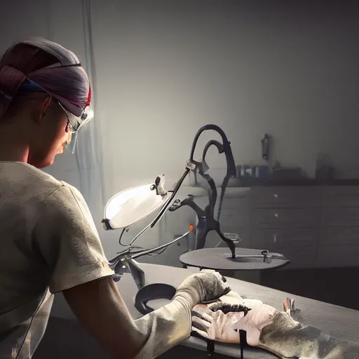 Image similar to a highly detailed photographic render of a surgeon operating on a specimen, creature, outlast, outlast 2, outlast game, horror, dark fantasy, beautifully lit, ray traced, octane 3D render in the style of Gerald Brom and James Gurney