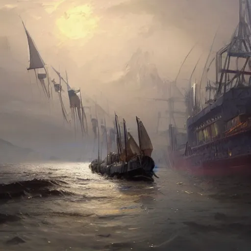 Image similar to huge escientific survivalist sailing motor barge, Magic the Gathering art, art by greg rutkowski, matte painting, trending on artstation, very detailed