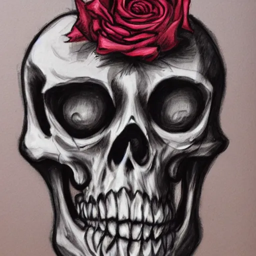 Image similar to a skeleton biting a rose, sinister, detailed