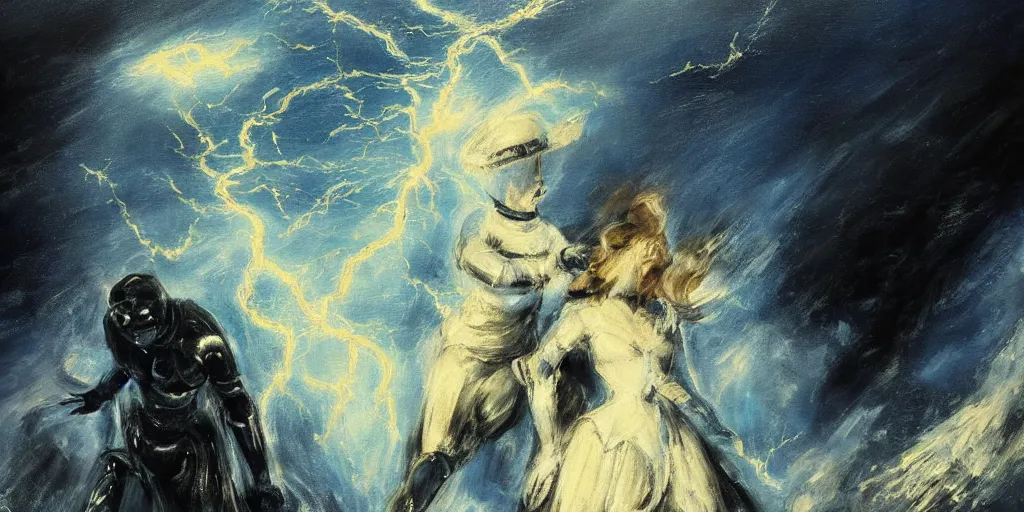 Image similar to futuristic white and gold trimmed android helping a soul escape from hell painted in the style of adolph von menzel 4 k dramatic lightning hd