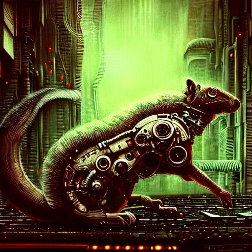 Prompt: a highly detailed long shot photo, cyberpunk mechanical squirrel, by ayami kojima, beksinski, giger, intricate, digital painting, artstation, intricate, concept art, smooth, sharp focus, illustration
