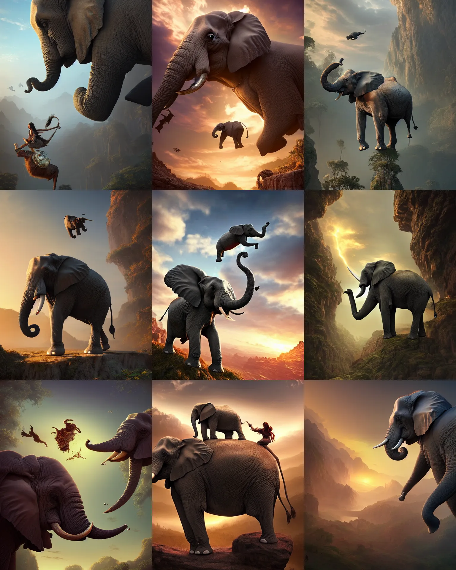 Prompt: elephant galopping in the air, fantasy, intricate, epic lighting, cinematic composition, hyper realistic, 8 k resolution, unreal engine 5, by artgerm, tooth wu, dan mumford, beeple, wlop, rossdraws, james jean, marc simonetti, artstation
