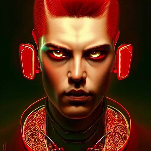 Image similar to man with extremely large and intricate haircut with angry red eyes and slim features looking askance, eye cyberpunk bionics, retro futurist style, intricate, elegant gleaming intricate baroque jewelry, angelic halo, highly detailed, digital painting, artstation, concept art, smooth, sharp focus, illustration, art by wlop, mars ravelo and greg rutkowski,