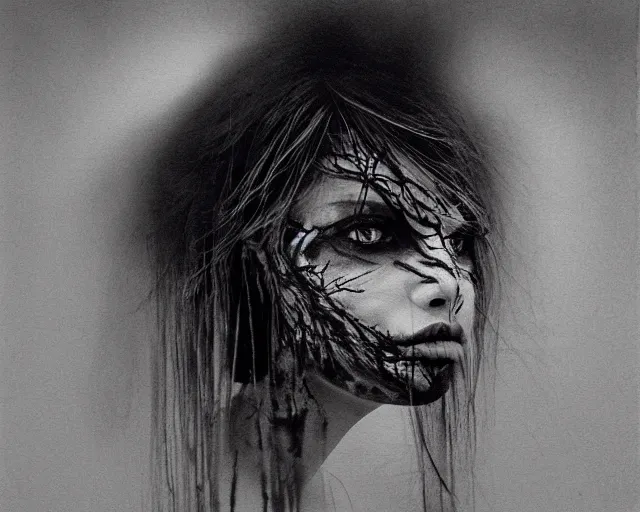 Prompt: a black and white photo of a woman's face, an airbrush painting by Itō Ogura Yonesuke, deviantart, gothic art, multiple exposure, biomorphic, charcoal drawing