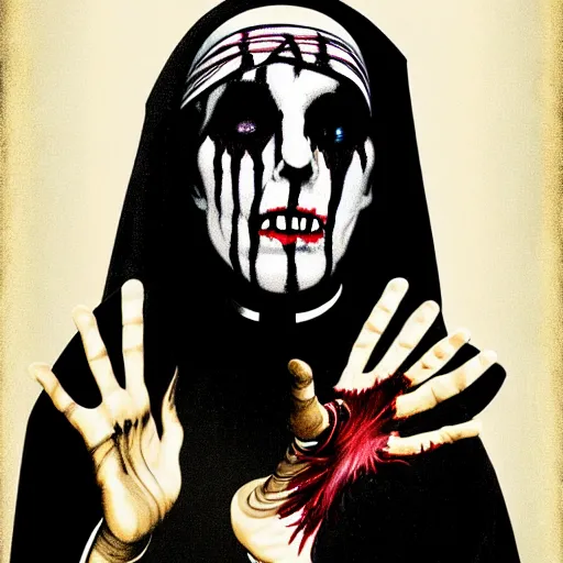Image similar to graphic illustration, creative design, a nun as alice cooper, biopunk, francis bacon, highly detailed, hunter s thompson, concept art