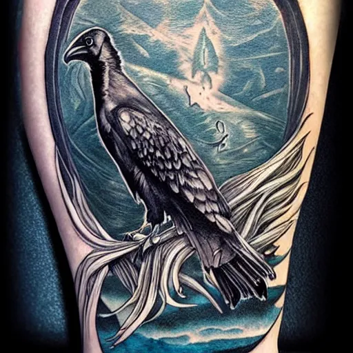 Image similar to surreal image depicting a raven combined with a deer and an owl but is also actually a window into the ocean. Fine line tattoo art. dark fantasy, intricate detail.