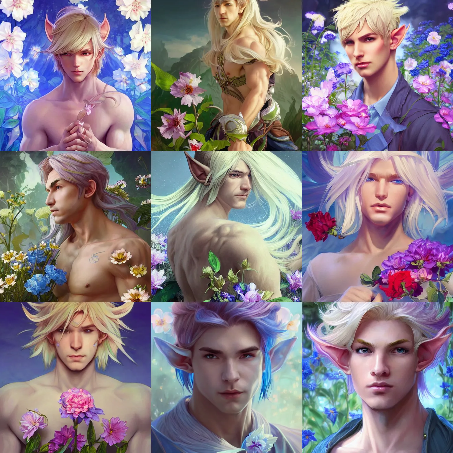 Prompt: character concept art, male elf next to giant flowers. Blond hair and blue. Detailed, high quality, bokeh, sharp focus, smooth, dynamic lightning, fantasy. Artwork by artgerm, WLOP, alex ross, greg rutknowski, Alphonse Mucha