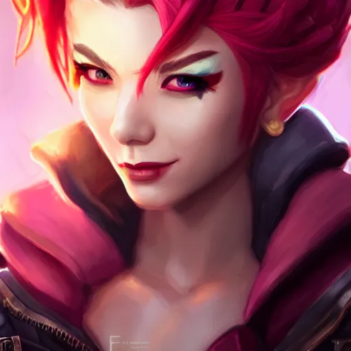 Prompt: portrait of Vi from League of Legends, by Fortiche Studio, from Netflix's Arcane, trending on artstation,fine details, realistic shaded, fine-face, foggy Steampunk city on the background, tattoo on face, red hair, painted texture, pretty face,by Artgerm