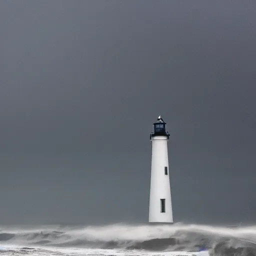 Image similar to stormy ocean at midnight, dark storm clouds overhead, lighthouse in the background concealed by fog