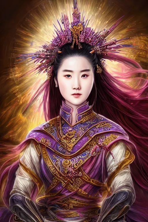 Prompt: beautiful ancient fantasy portrait of wuxia armored heroine, Liu Yifei, Zhao Lu Si wearing like Xian Xia wardrobe, in forbidden City, hybrid from Dynasty Warriror, flowers sea rainning everywhere, intricate, very very beautiful, elegant, highly detailed, digital painting, beautiful glowing galaxy eyes, artstation, fantasy concept art, smooth, sharp focus, illustration, art by alphonse mucha and WLOP and tian zi