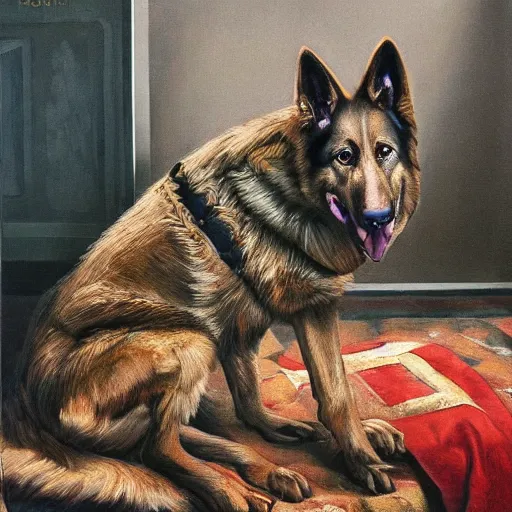 Image similar to a oil painting of a humanoid german shepherd beast - man, wearing military outfit, sitting on the carpeted floor beside a bed