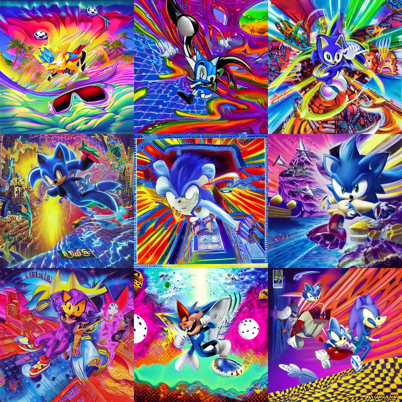 Prompt: surreal, sharp, detailed professional, high quality airbrush art MGMT album cover of a liquid dissolving LSD DMT blue sonic the hedgehog surfing through cyberspace, purple checkerboard background, 1990s 1992 Sega Genesis video game album cover