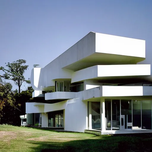 Image similar to second story elevated white brutalist home perched atop 2 equidistant separated large piers, double cantilevered design, large windows, elegant, white stone, proportion, golden ratio, epic composition, steel window mullions, cars parked underneath