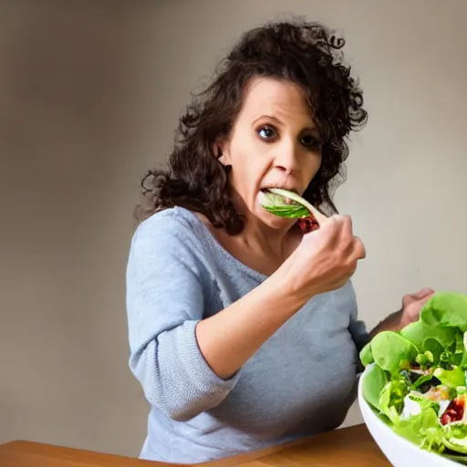 Image similar to stock photo of woman angrily eating salad