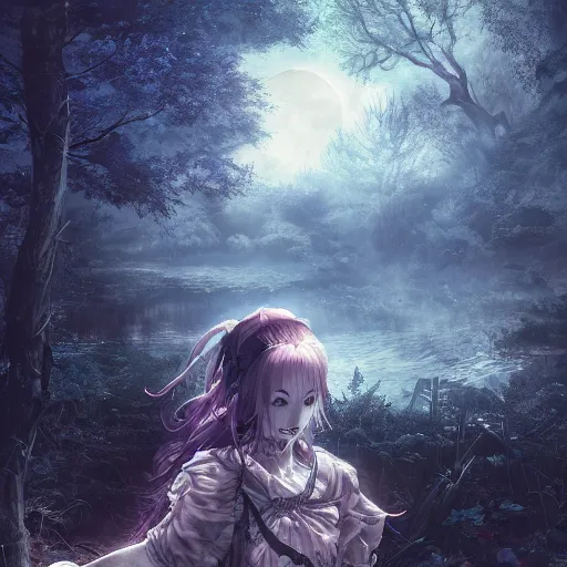 Image similar to goth woman in a moonlight view, in a forest, a river, tankoban, 4 k, tone mapping, akihiko yoshida, james jean andrei riabovitchev marc simonetti, yoshitaka amano, long hair, curly, h. hydrochaeri