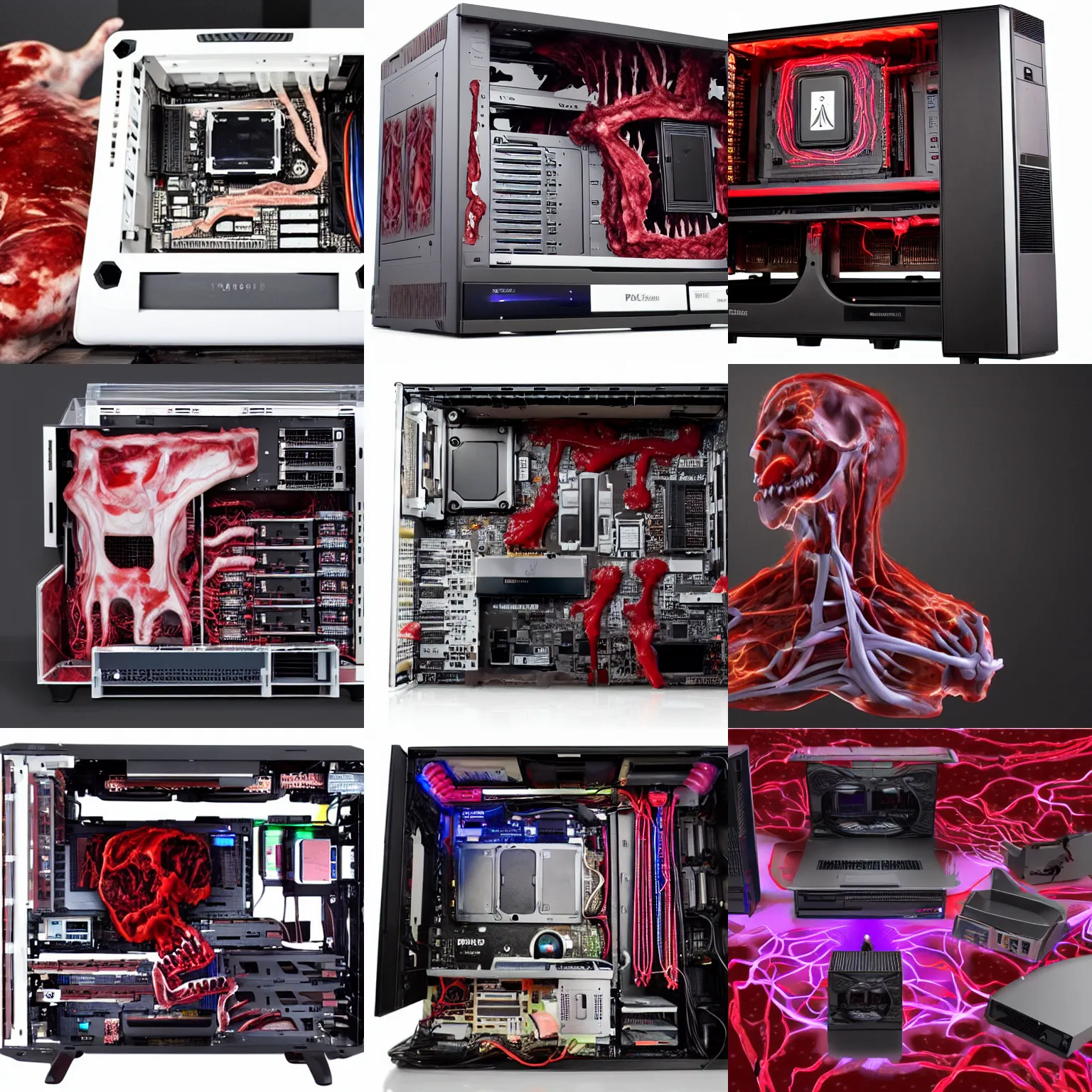 Prompt: a powerful pc made of pulsating flesh, blood, bone, with all the normal pc ports, eating a rat