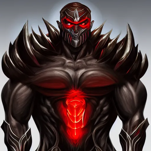 Prompt: a highly detailed character portrait of a muscular man wearing a epic shadow armor with glowing red eyes concept art
