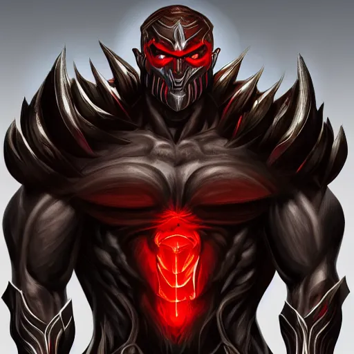 Image similar to a highly detailed character portrait of a muscular man wearing a epic shadow armor with glowing red eyes concept art