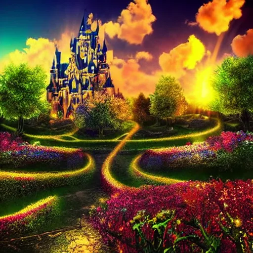 Prompt: Amazing View of fantasy Beautiful Sky Scenery with ornate gold and silver iridescent castles of light Highly detailed Vines Trees Gardens flowers in bloom clouds sunset holographic metallic angelic prismatic reflections Depth of field HDR