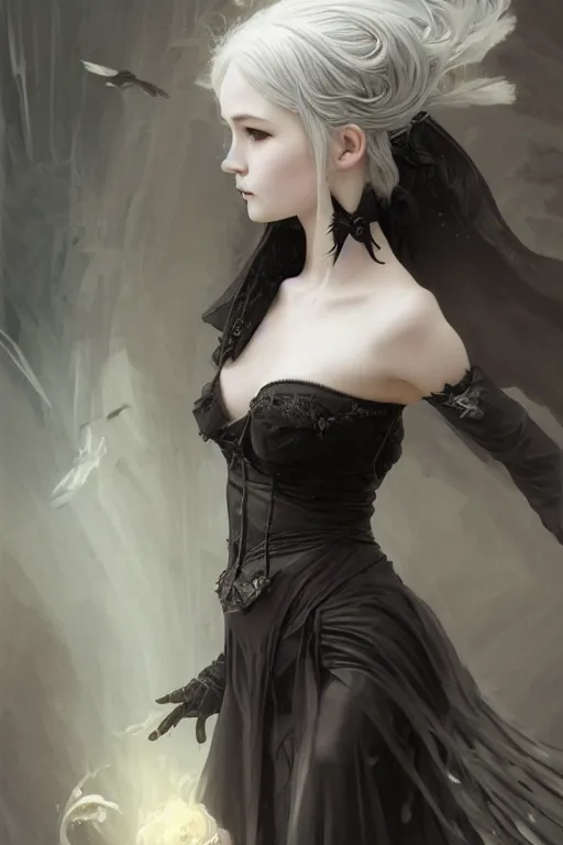 Prompt: portrait of radical lolita girl, dreamy and ethereal and dark, dark eyes, silver hair, smiling expression, ornate goth dress, dark fantasy, chaotic, elegant, black crows flying, highly detailed, digital painting, artstation, concept art, smooth, sharp focus, illustration, art by artgerm and greg rutkowski and alphonse mucha