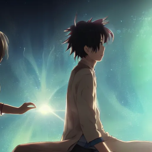 Prompt: two soulmates connected across space and time via the red string of fate, anime fantasy illustration by tomoyuki yamasaki, studio kyoto, madhouse, ufotable, makoto shinkai, trending on artstation