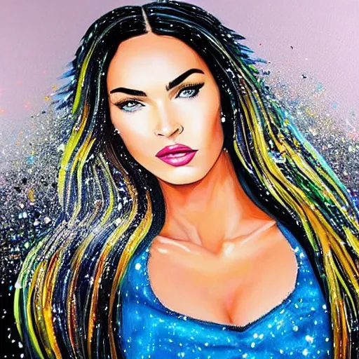 Image similar to “Megan Fox glitter paints paintings, ultra detailed portrait, 4k resolution”