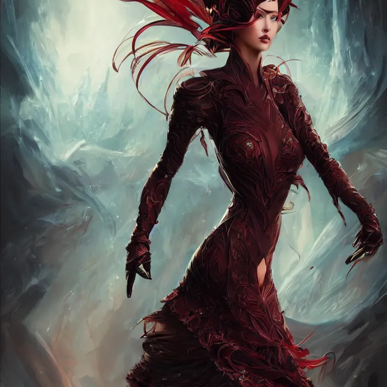 Prompt: beautiful cinematic fantasy poster, character concept of a beautiful fashion model wearing haute couture in dynamic pose, wideshot ultrawide angle epic scale, hybrid, by artgerm; wayne reynolds art station; cinematic quality character render; low angle; ultra high quality model; production quality cinema model;