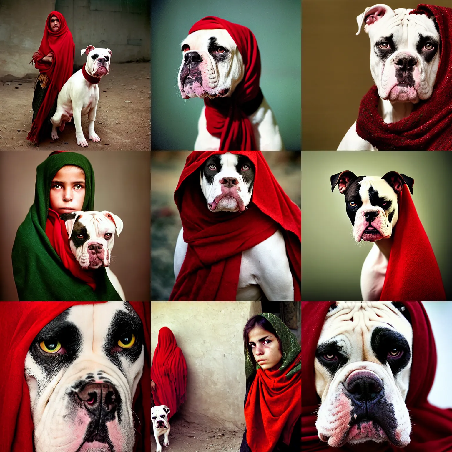 Prompt: portrait of american bulldog as afghan girl, green eyes and red scarf looking intently, photograph by steve mccurry