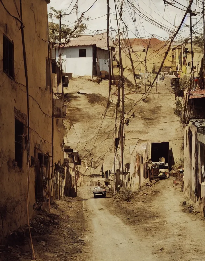 Prompt: vintage color photo of a massive liquid gold sculpture in a south american rural town alley with dirt roads and white walls, still from a werner herzog documentary