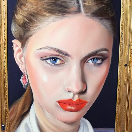 Image similar to hyperrealism oil painting, portrait of fashion model in traditional ukrainian vyshyvanka