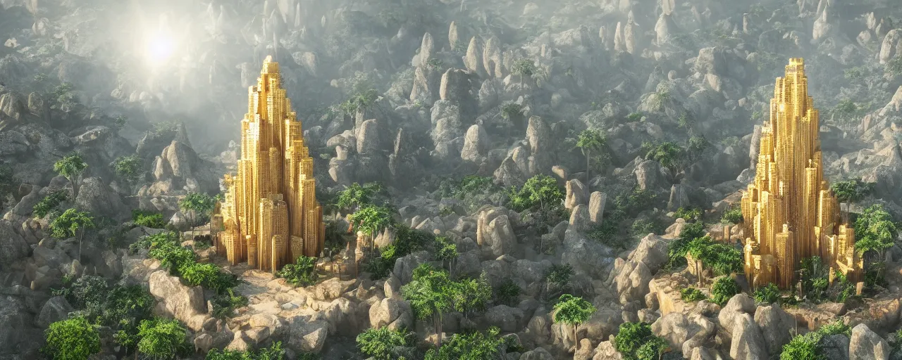 Image similar to single tower, golden babylon tower, beight stone, sacred ancient architecture, hanging gardens, cascading highrise, arid mountains with lush palm forest, sunlight, post - production, octane, cgi, sfx