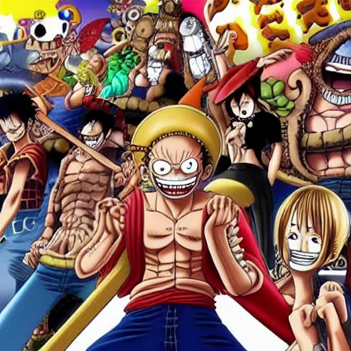 Image similar to realistic photo of all one piece character fighting in a theater , cinema
