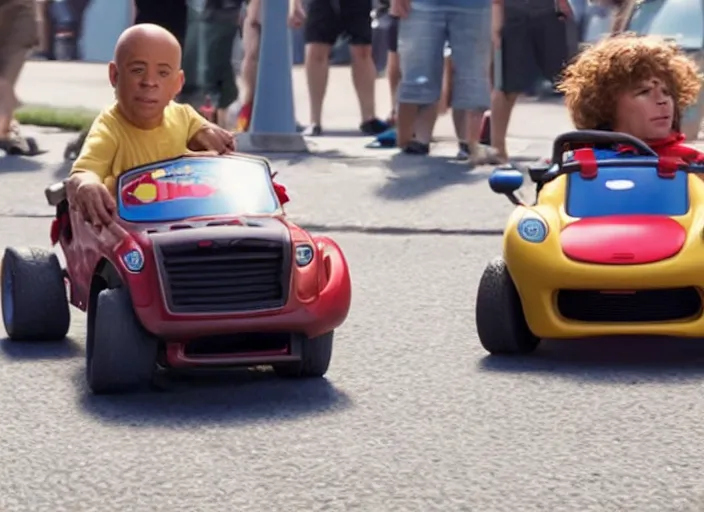 Image similar to peter dinklage racing vin diesel driving a little tikes cozy coupe cars, movie still, from the new fast and furious movie, 8 k, realistic