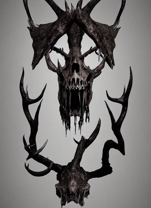 Prompt: the portrait of demon with a deer skull head, dark, mysterious, detailed character render, bloodborne