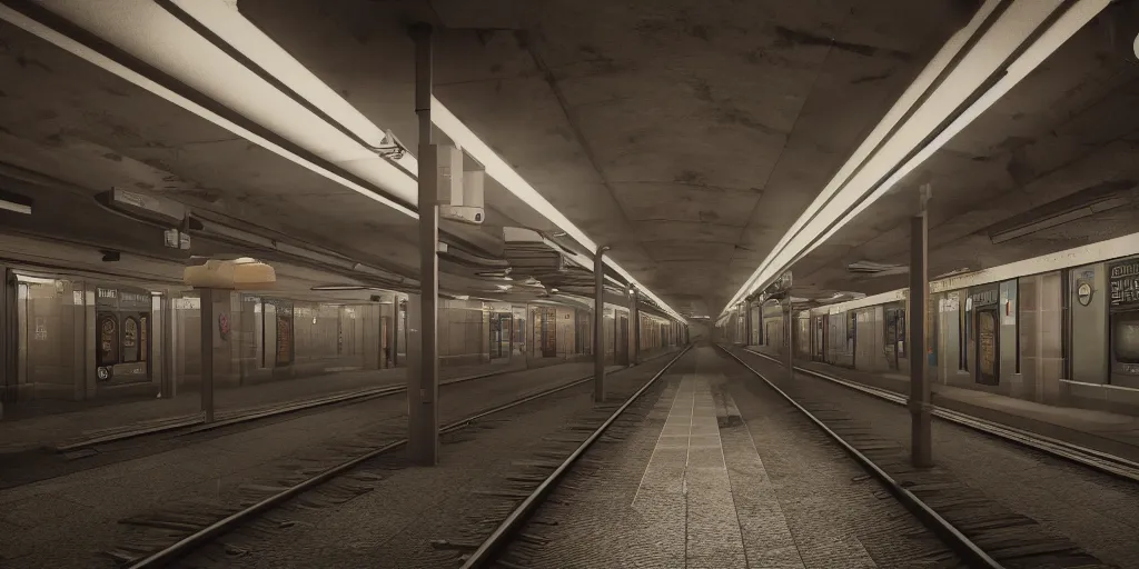 Image similar to empty subway platform, underground, cinematic, underexposed, 3D, octane render