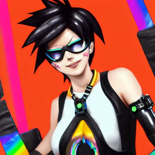 Image similar to full body digital artwork of tracer overwatch, wearing black iridescent rainbow latex tank top, 4 k, expressive happy smug expression, makeup, in style of mark arian, wearing detailed black leather collar, chains, black leather harness, leather cuffs around wrists, detailed face and eyes,