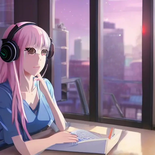 Image similar to high definition anime portrait of an anime girl with pastel colored hair sitting at a desk studying with headphones on, background is a window looking out into a busy Tokyo district, lo-fi art, masterpiece by Makoto Shinkai, trending on artstation, sharp high quality anime, digital art, photoshop, proportionate, ambient lighting, clear facial festures