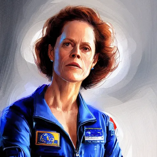 Image similar to portrait of a woman by greg rutkowski, sigourney weaver as an space cargo pilot, she is about 6 0 years old, wearing a cobalt blue utilitarian jumpsuit, highly detailed portrait, digital painting, artstation, concept art, smooth, sharp foccus ilustration, artstation hq