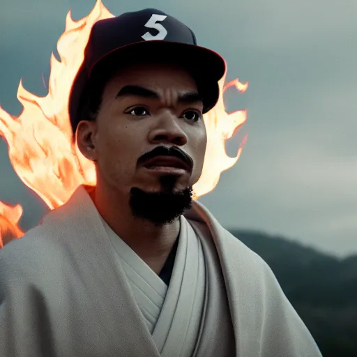 Image similar to cinematic film still of Chance The Rapper starring as a Samurai holding fire, Japanese CGI, VFX, 2022, 40mm lens, shallow depth of field, film photography