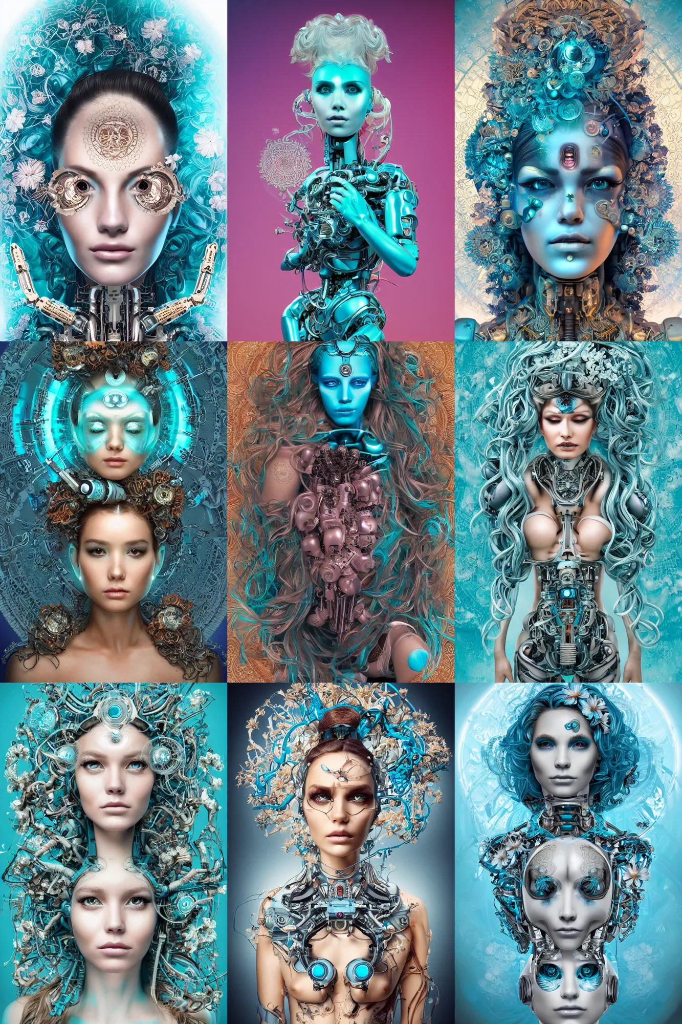 Prompt: a beautiful intricate fine art portrait photo of a cyborg with bionic implants, epic wavy hair spread out around her lined with white hibiscus, lying on a mandala, by natalie shau and artgerm, masterpiece!, turquoise blue face, futuristic robot body, top view, studio lighting, golden ratio composition, 3 5 mm lens, deep depth of field, artstation, 8 k