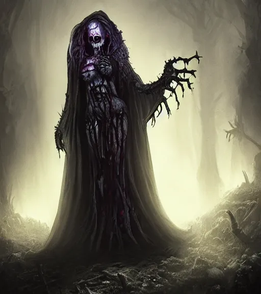 Prompt: gothic necrolord female with zombie servents, digital painting, liminal eerie midnight backlit, a picture taken by Michael Komarck and Daniel Ljunggren