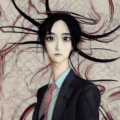 Image similar to yoshitaka amano blurred and dreamy realistic portrait of a woman with black eyes and white hair wearing dress suit with tie, junji ito abstract patterns in the background, satoshi kon anime, noisy film grain effect, highly detailed, renaissance oil painting, weird portrait angle, blurred lost edges, three quarter view