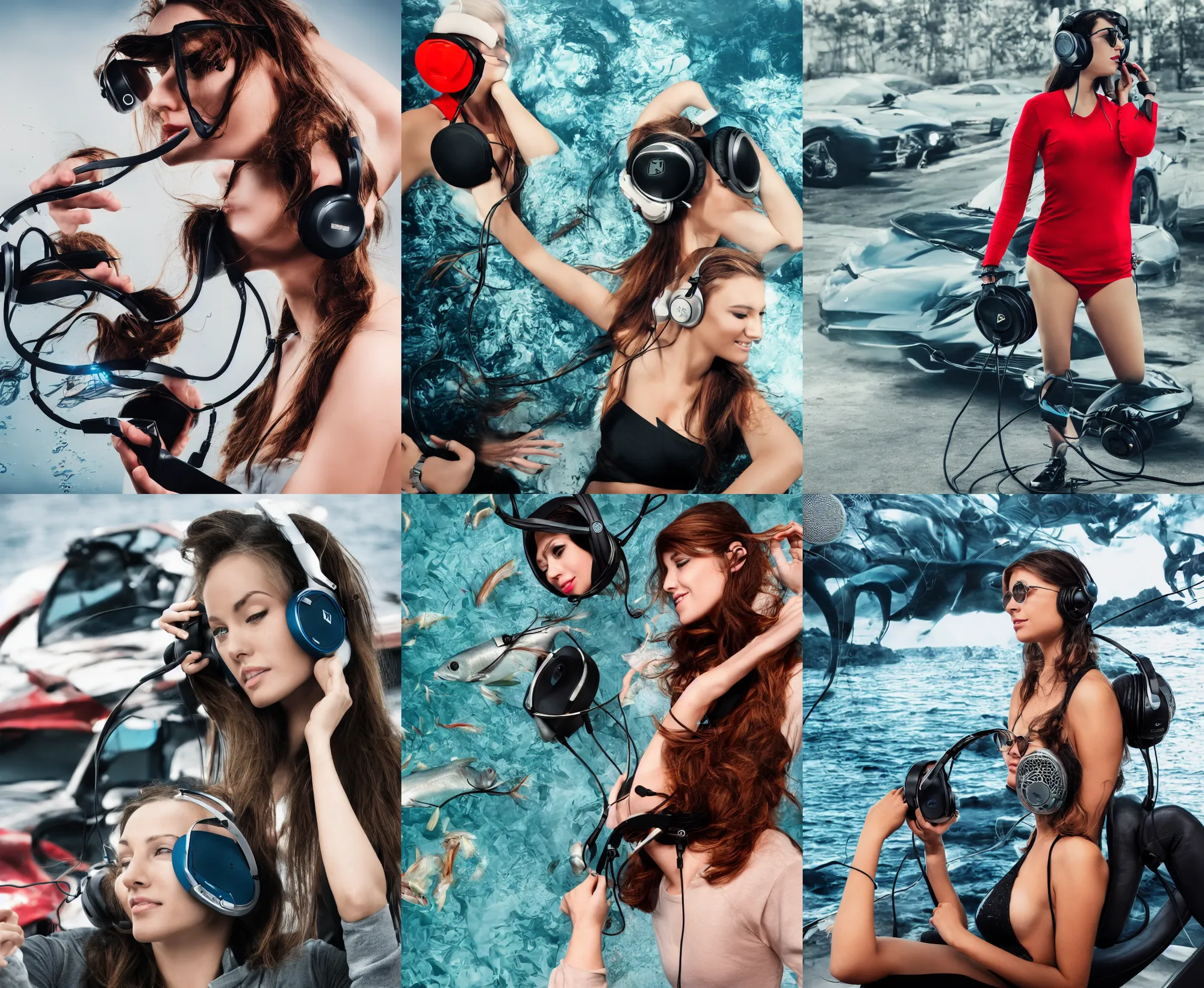 Prompt: product photo of attractive woman wearing a headphone, sennheiser + audeze + focal + deep sea fish + ferrari, hdr