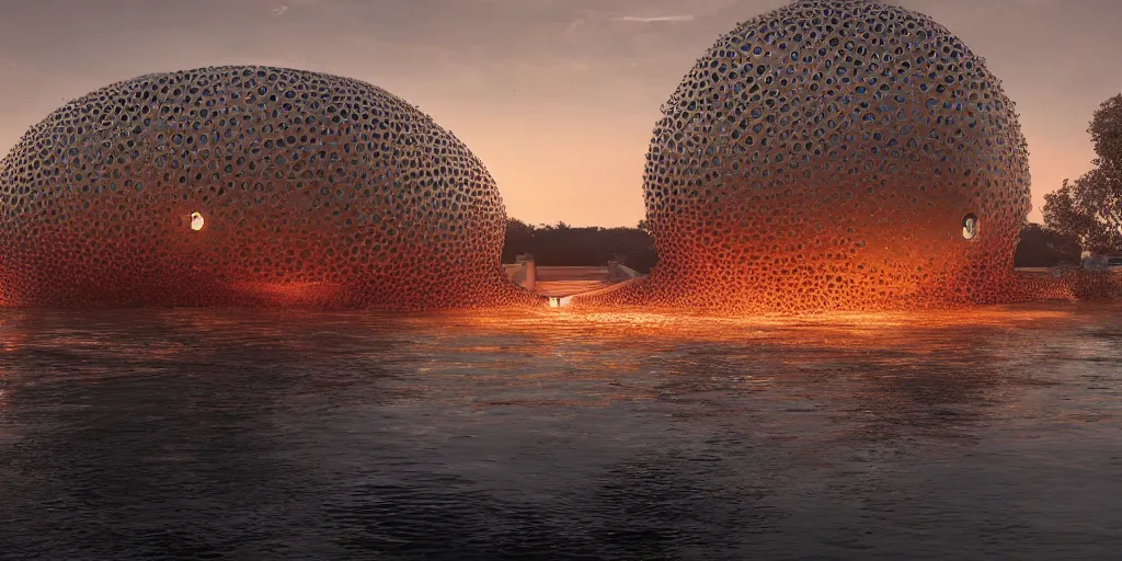 Image similar to An epic architectural rendering of a blob shaped trypophobia house with a mysterious red glow emitting from inside in a modern cityscape next to a river, stunning, gorgeous, golden ratio, photorealistic, featured on artstation, 4k resolution