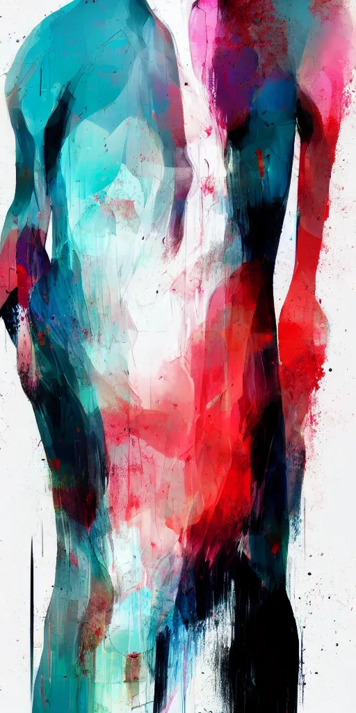 Image similar to abstract flowing brush strokes of the torso of one thin athletic man posing dramatically with no face, closeup, matte paint colors, conrad roset, dark abstract background, painting trending on artstation