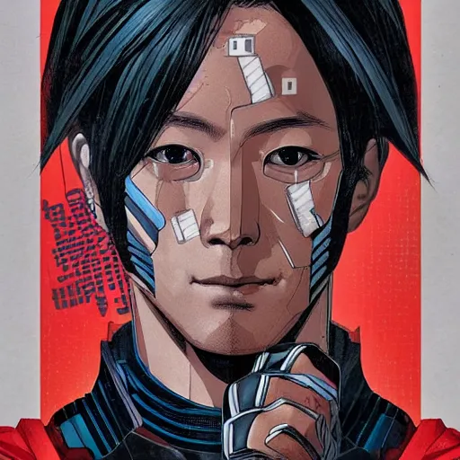 Prompt: portrait of a japanese male android, by MARVEL comics and Sandra Chevrier