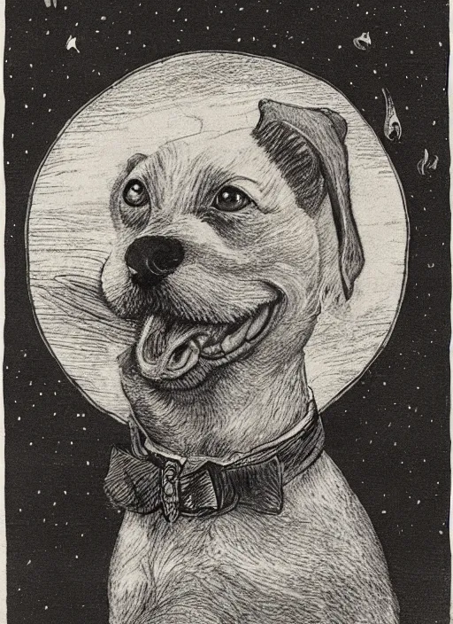 Image similar to candid portrait of jack russel dog sad mouth open, night sky, highly detailed, illustrated by peggy fortnum and beatrix potter and sir john tenniel