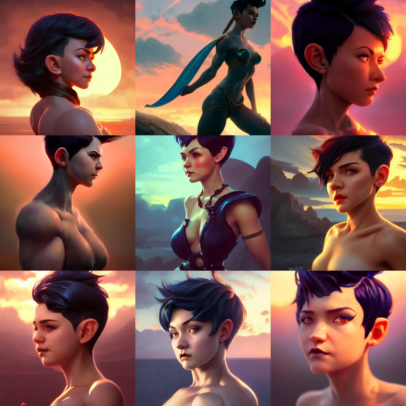 Prompt: a Photorealistic dramatic hyperrealistic muscular gnome woman, pixie undercut short black hair, naval background, by WLOP,Artgerm,Greg Rutkowski,Alphonse Mucha, Beautiful dynamic dramatic bright sunset lighting,shadows,cinematic atmosphere,Artstation,concept design art,Octane render,8k