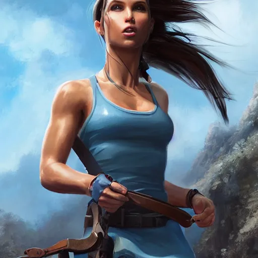 Prompt: Portrait Lara Croft wearing a blue skater dress, Tomb Raider, Alicia Vikander, beautiful, 4k oil on linen by wlop, artgerm, andrei riabovitchev, nuri iyem, james gurney, james jean, greg rutkowski, highly detailed, soft lighting 8k resolution